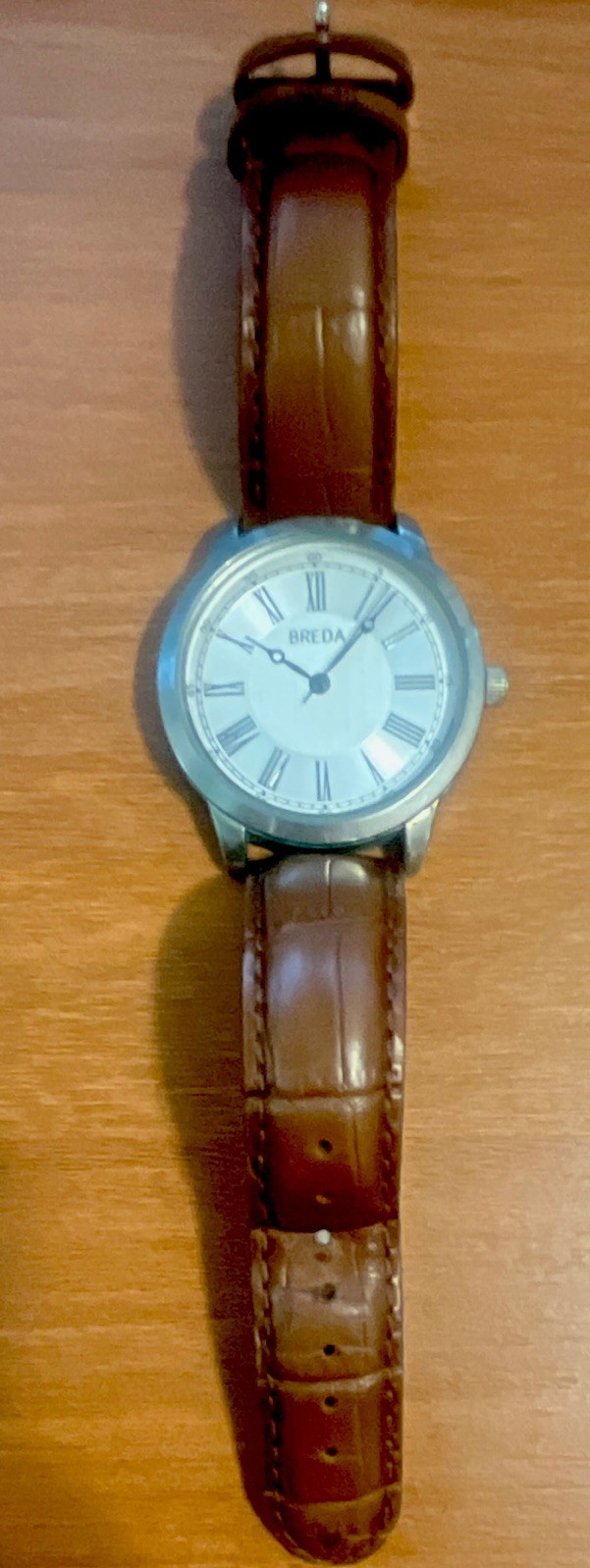 BREDA 1657B Quartz Analog Watch White Roman Dial Silver Case Brown Leather