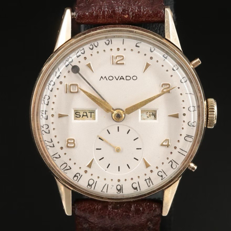 Vintage 14K Gold Movado Triple-Date Calendar Watch