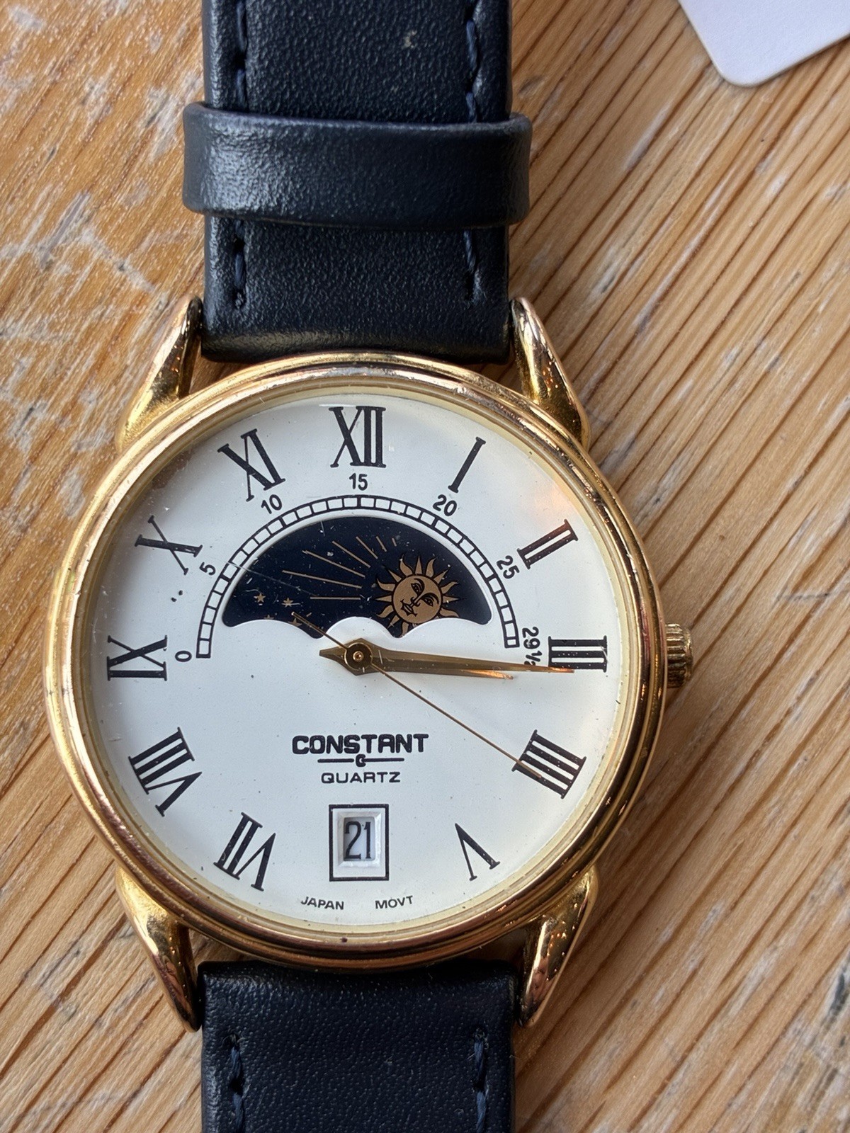 Vintage Constant Sun Moon Phase Quartz Watch Gold Tone Roman Dial Japan Movt 90s