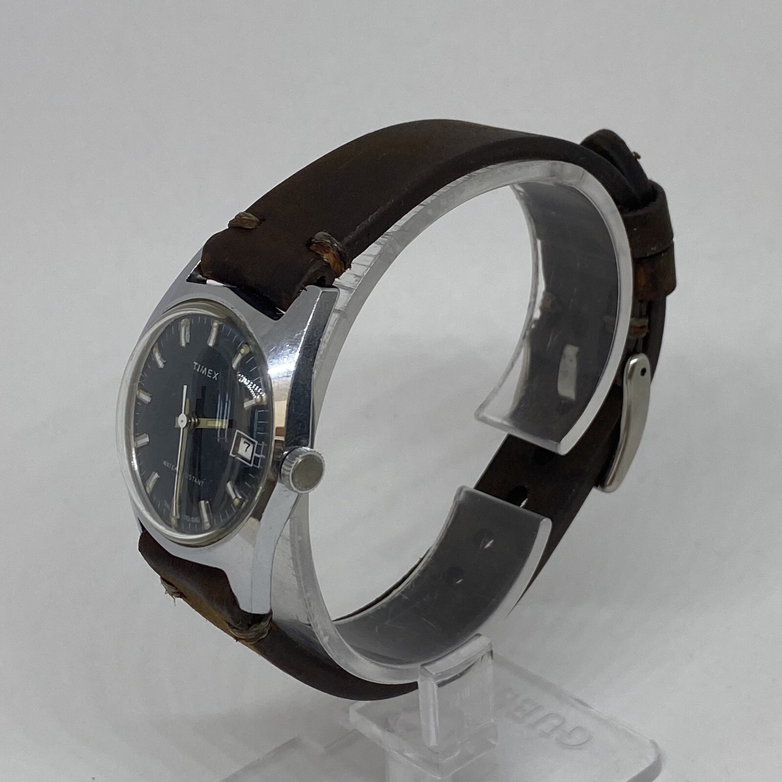 Timex Marlin Watch Mechanical England Blue Dial Rare Day Running W/ Leather Band