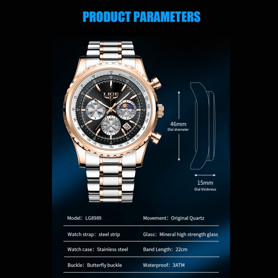 LIGE Men Watch Quartz Luminous Calendar 3ATM Waterproof Daily Casual Wristwatch