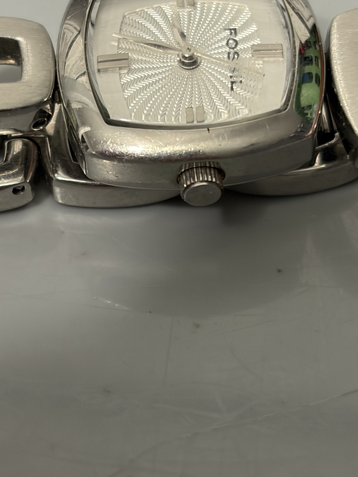 Fossil F2 Quartz Watch Silver Dial Cushion Water-Resistant Stainless Steel Band