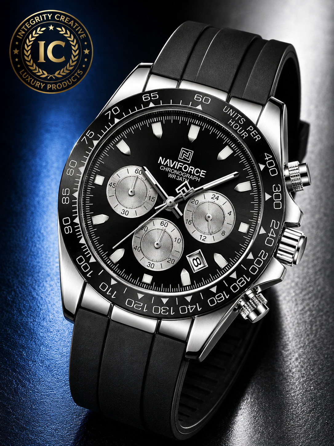 Men Sporty Silver Business Watch Tachymeter Bezel Silicone Strap Black Dial 42mm