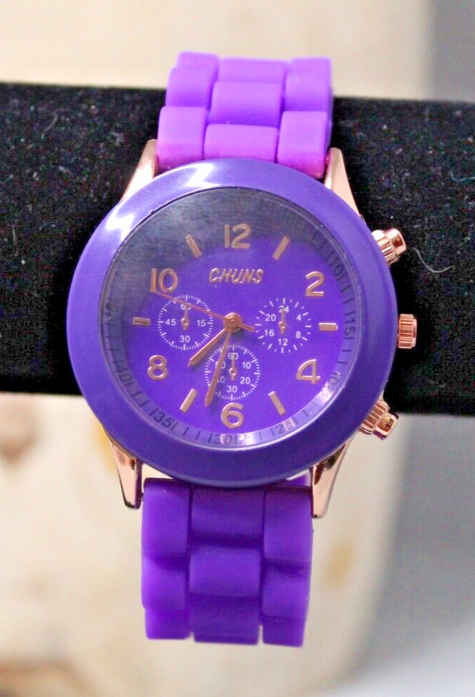Ladies Chuns Round Rose Gold Tone Purple Poly Band Sparkly Analog Watch