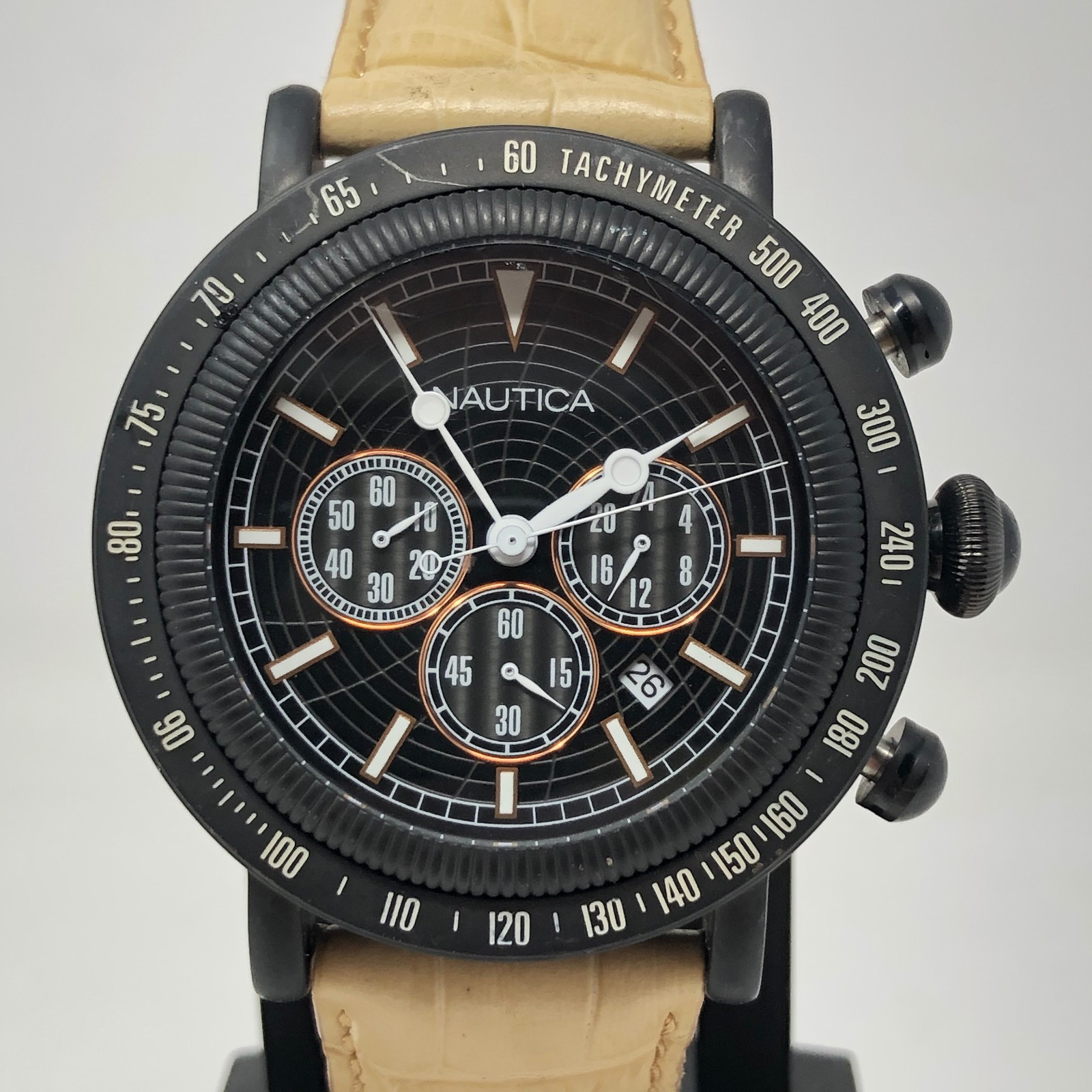 Nautica PVD Mens Chronograph Watch A23500 100m Screw Down Crown NEW BATTERY RUNS
