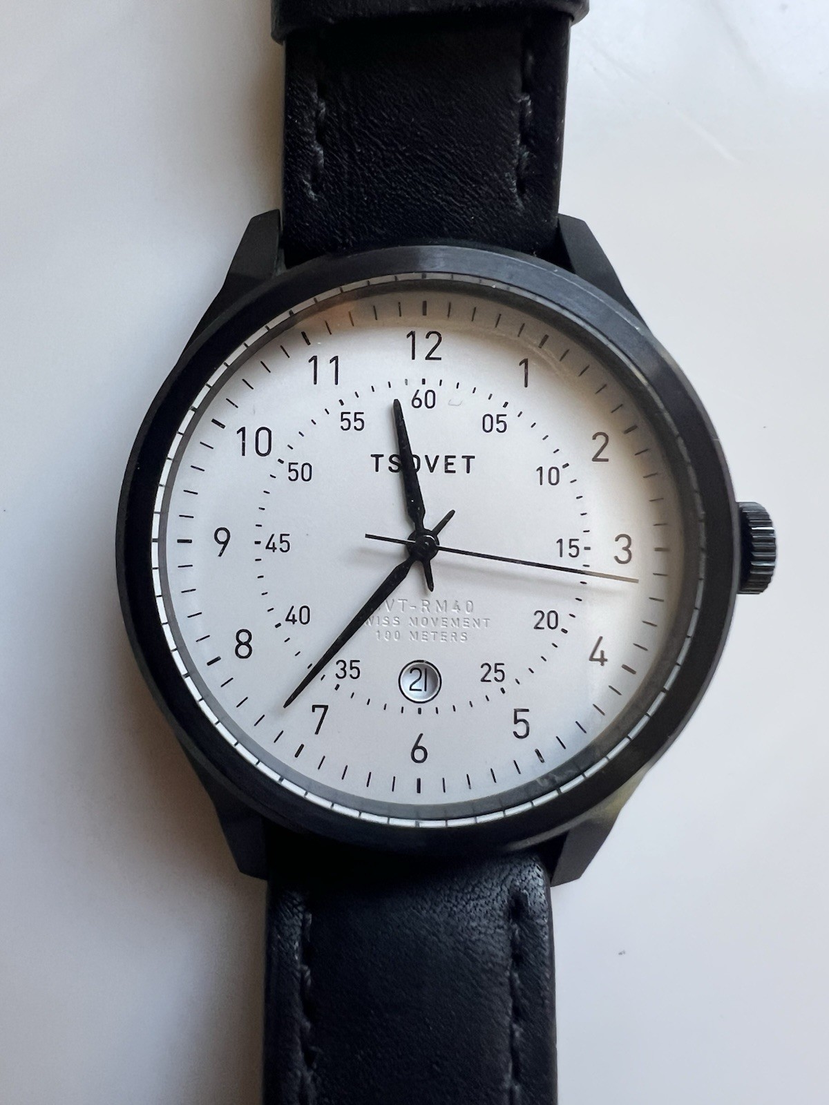TSOVET SVT-RM40 Men’s Quartz Analog 40mm 100M Black Leather White Dial