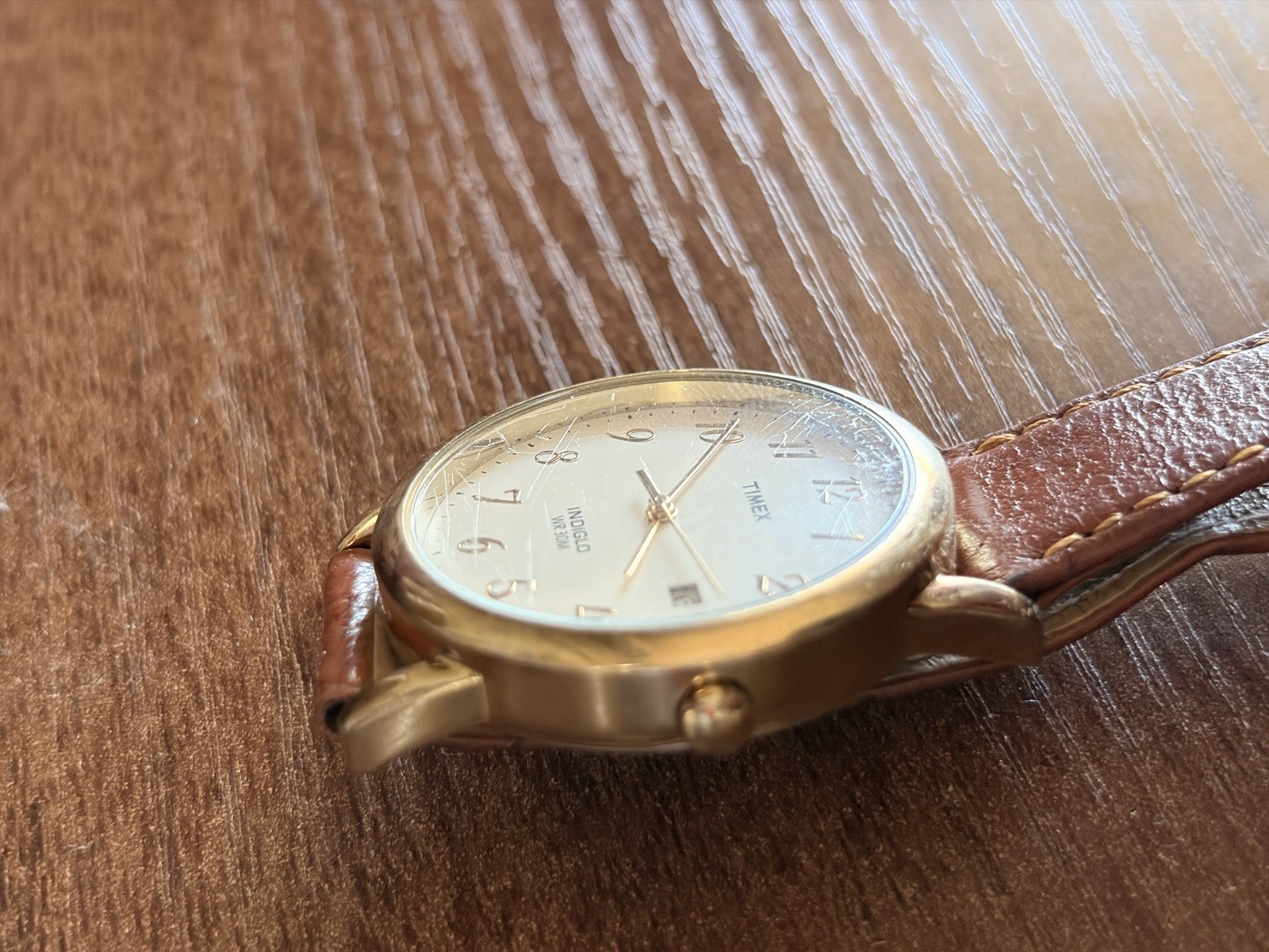 Timex Indiglo Quartz Analog Date Watch Gold Tone Brown Leather Strap WR30m