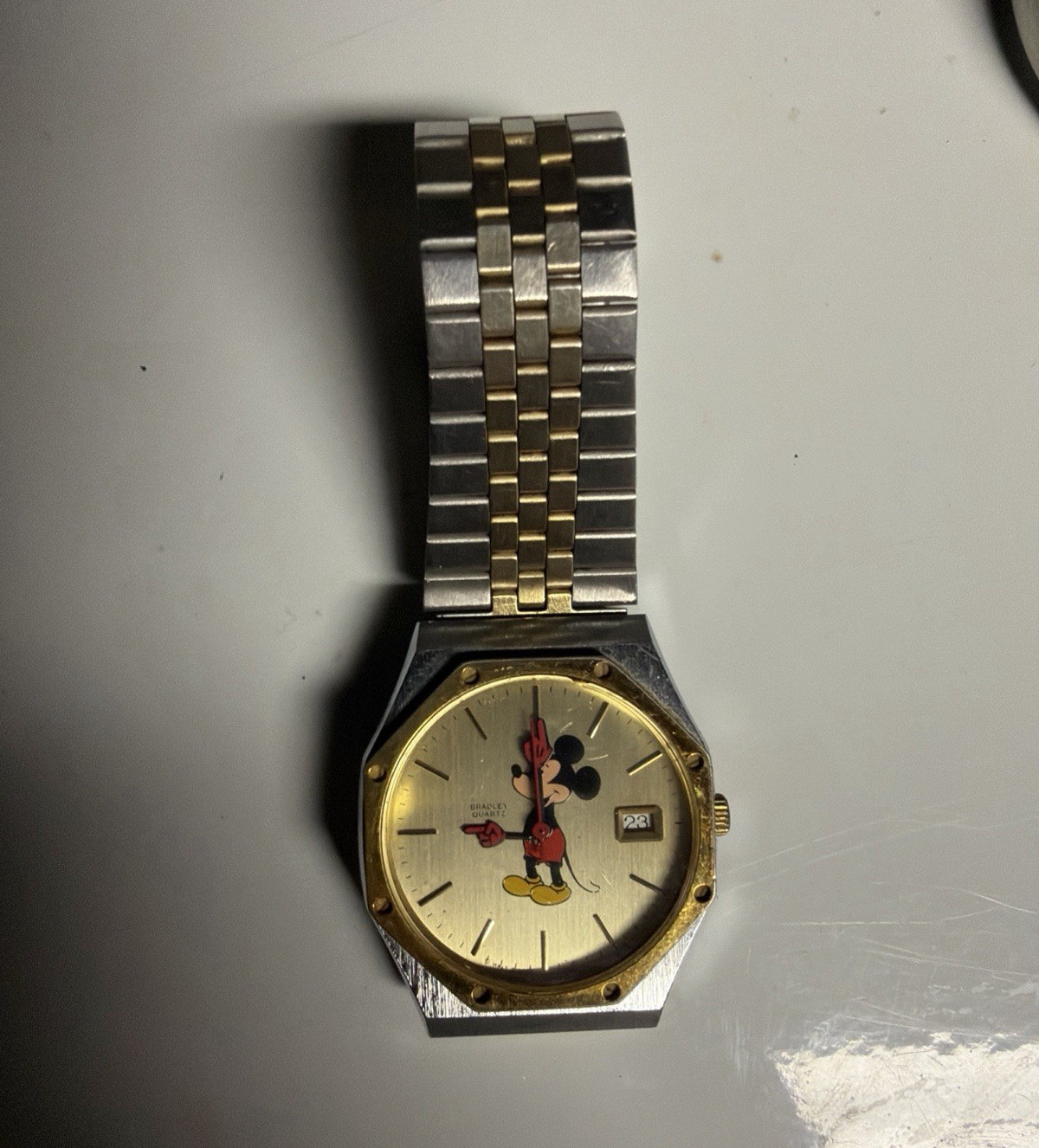 Disney Mickey Mouse Quartz Analog Date Two-Tone Gold Dial Metal Bracelet Watch