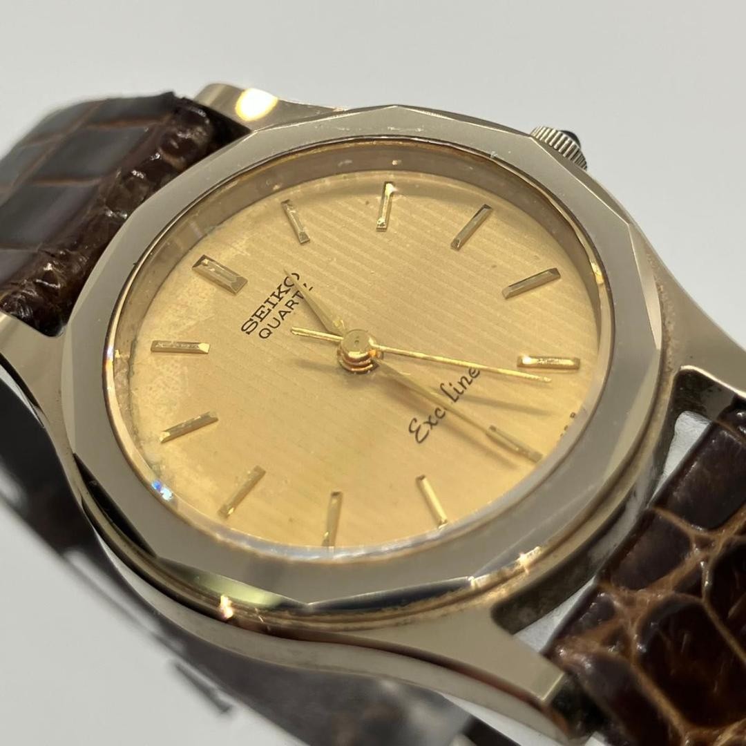 SEIKO Exceline Quartz Gold Dial Brown Strap Watch Used
