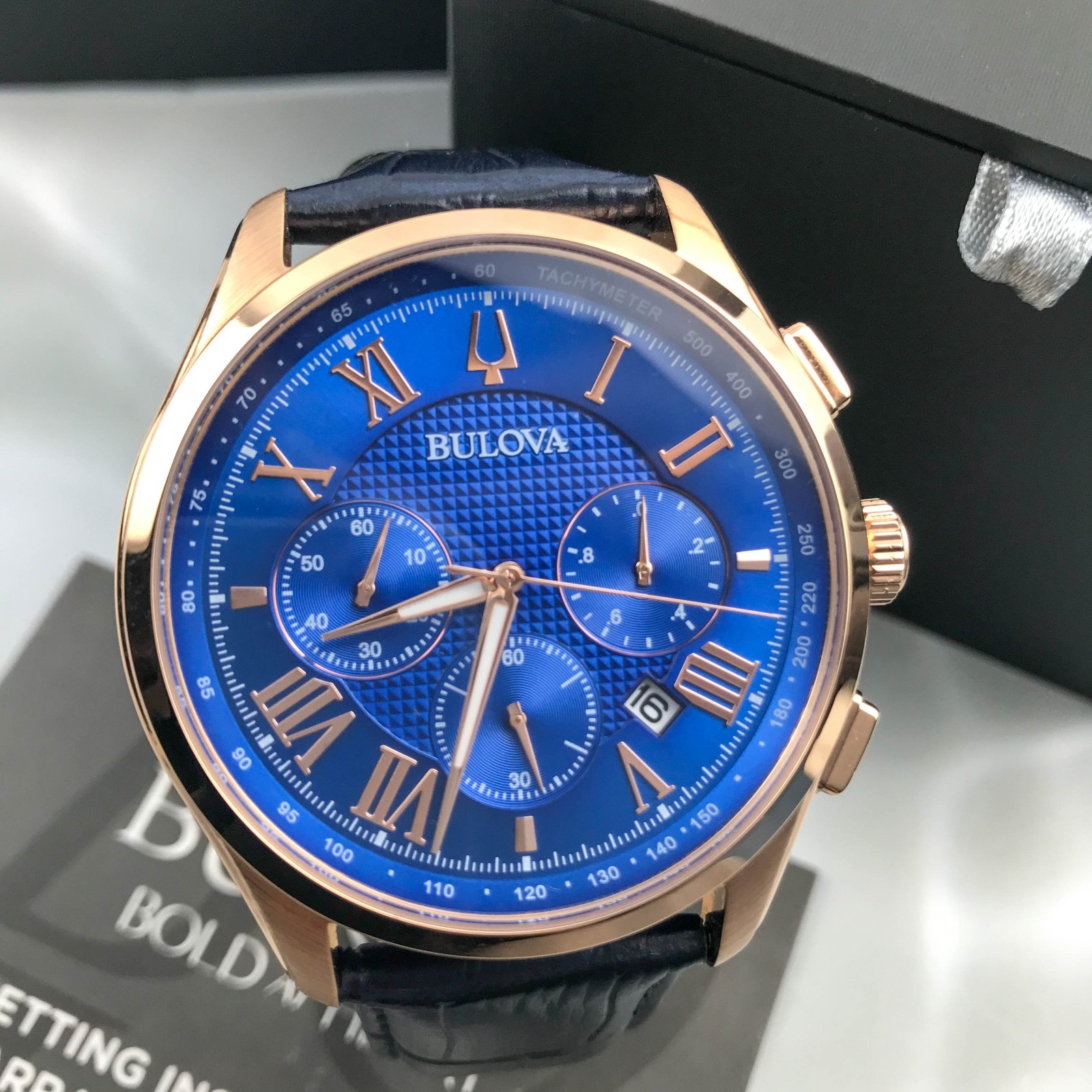 Bulova Men’s Classic Wilton 97B170 Blue Dial Leather Chronograph Watch 45MM