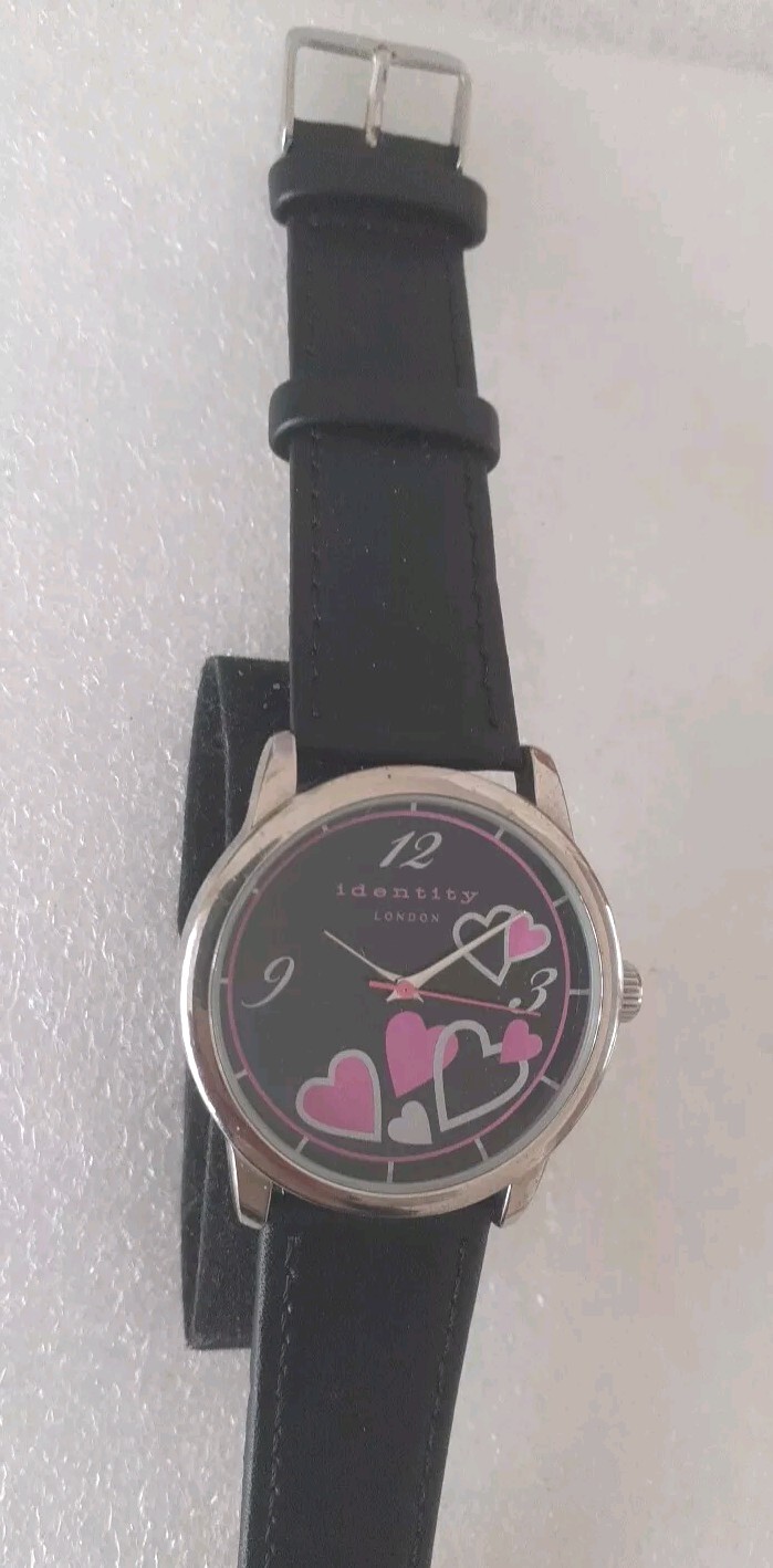Identity London Ladies Hearts Quartz Watch With A New Black Leather Strap