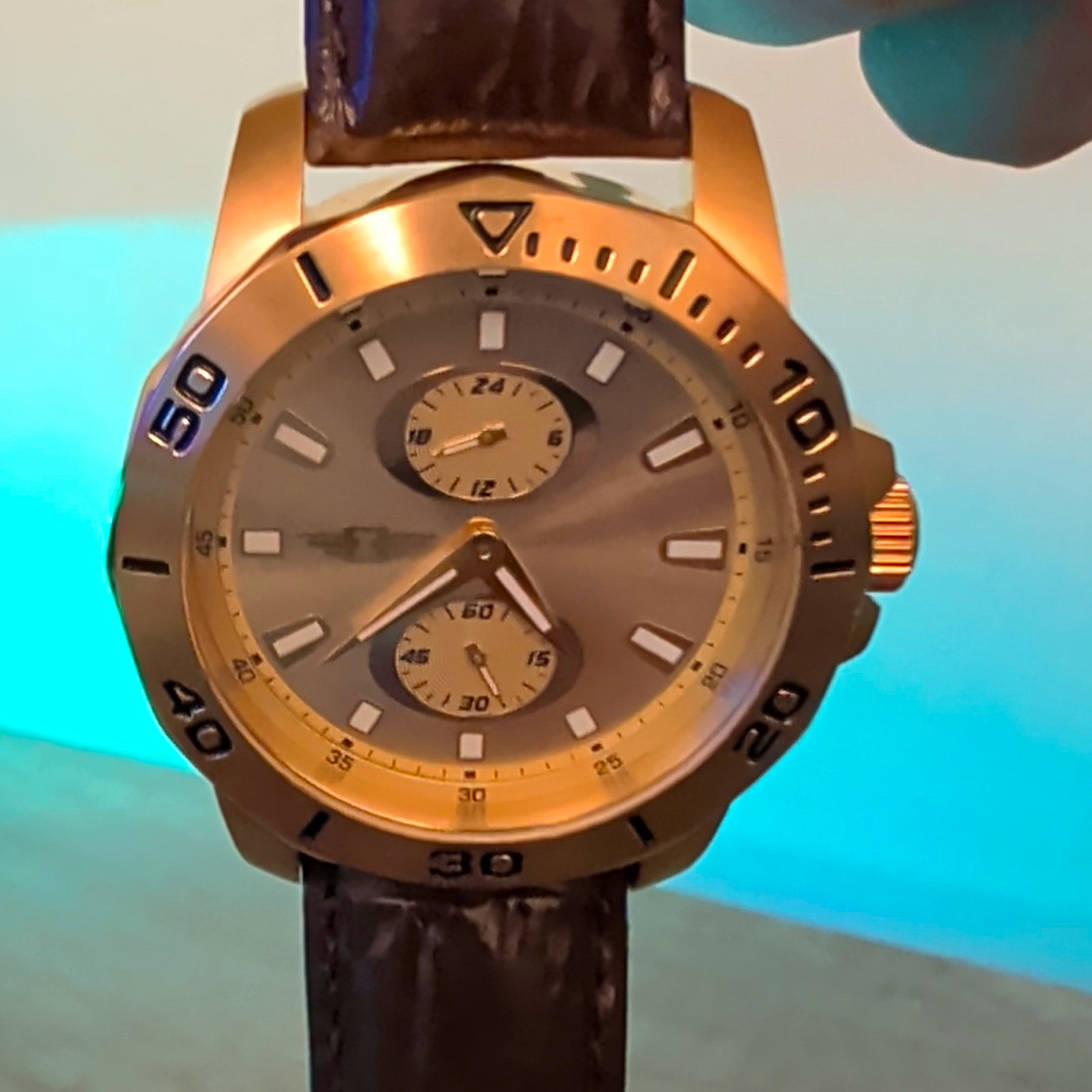 Invicta Quartz 46mm Gold Tone Stainless Case Silver Dial Brown Leather 100m