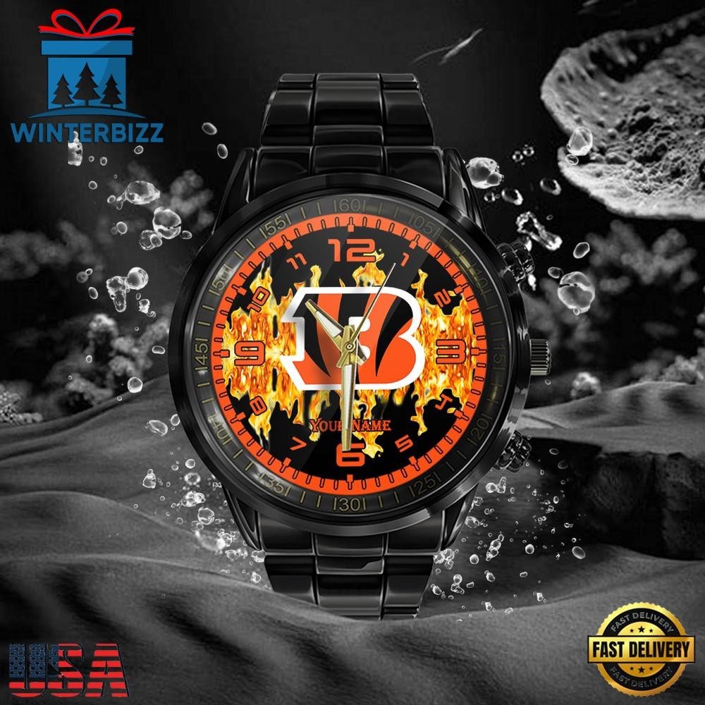 Custom Name Cincinnati Football Team Bengalss 3D Men Black Stainless Steel Watch
