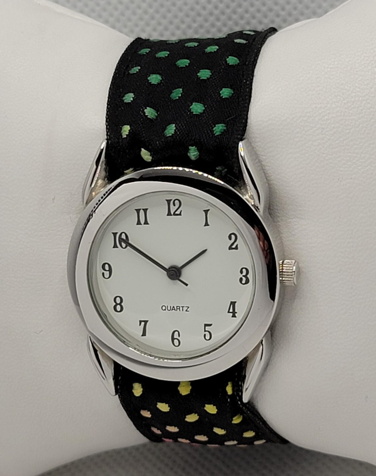 Ladies Trendy Round Silver Tone Black Multicolor Polka-Dot Nylon Band Watch J8
