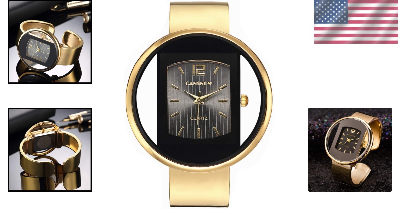 Stylish Women’s Cuff Bangle Analog Watch – Quartz Movement in Sophisticated Gold