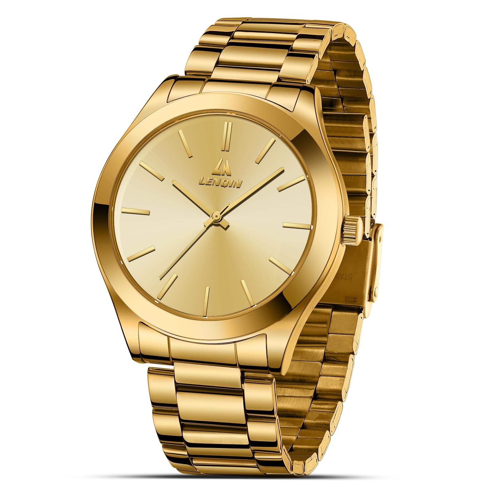 Men’s Waterproof Analog Quartz Watch 46mm Stainless Steel Gold Plated Case Strap