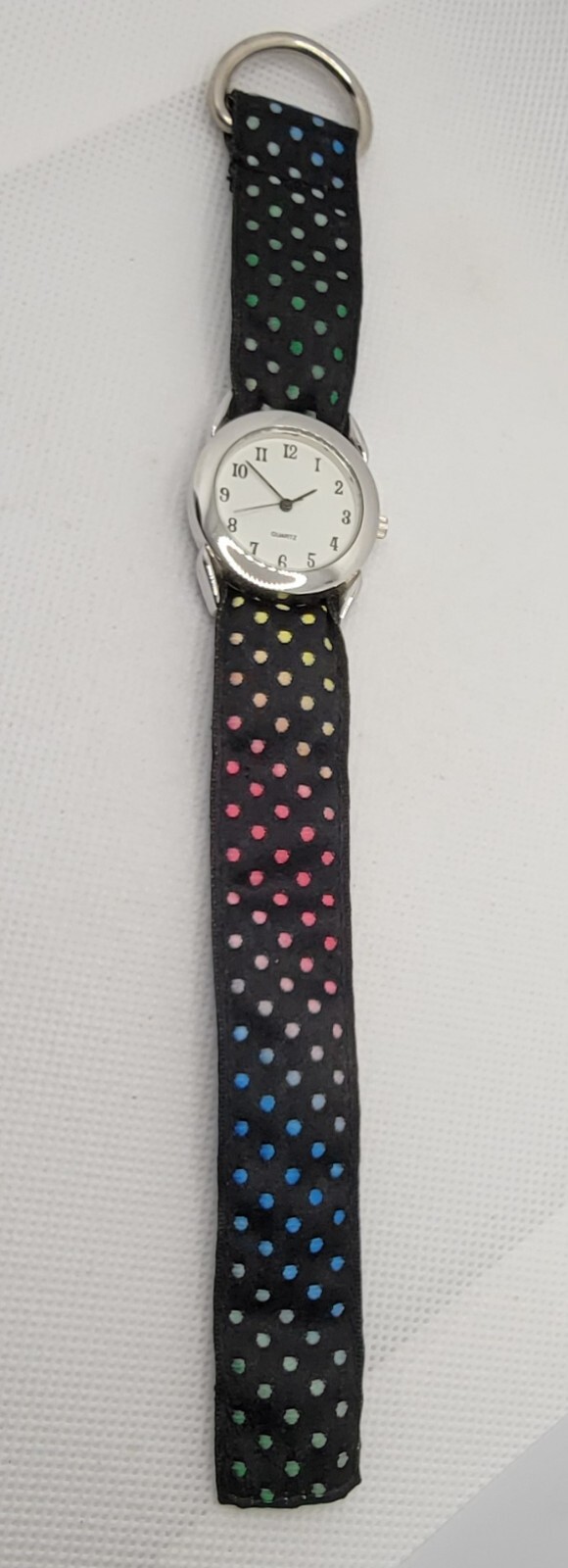 Ladies Trendy Round Silver Tone Black Multicolor Polka-Dot Nylon Band Watch J8