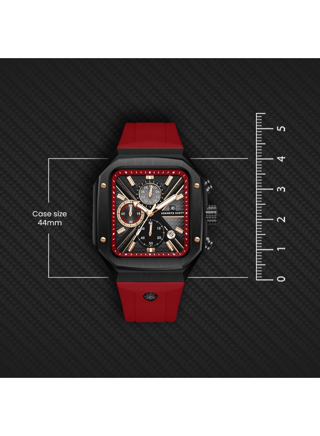 Kenneth Scott Men’s Chronograph Watch | Black Dial, Red Band, 44mm, 30 m (3 ATM)