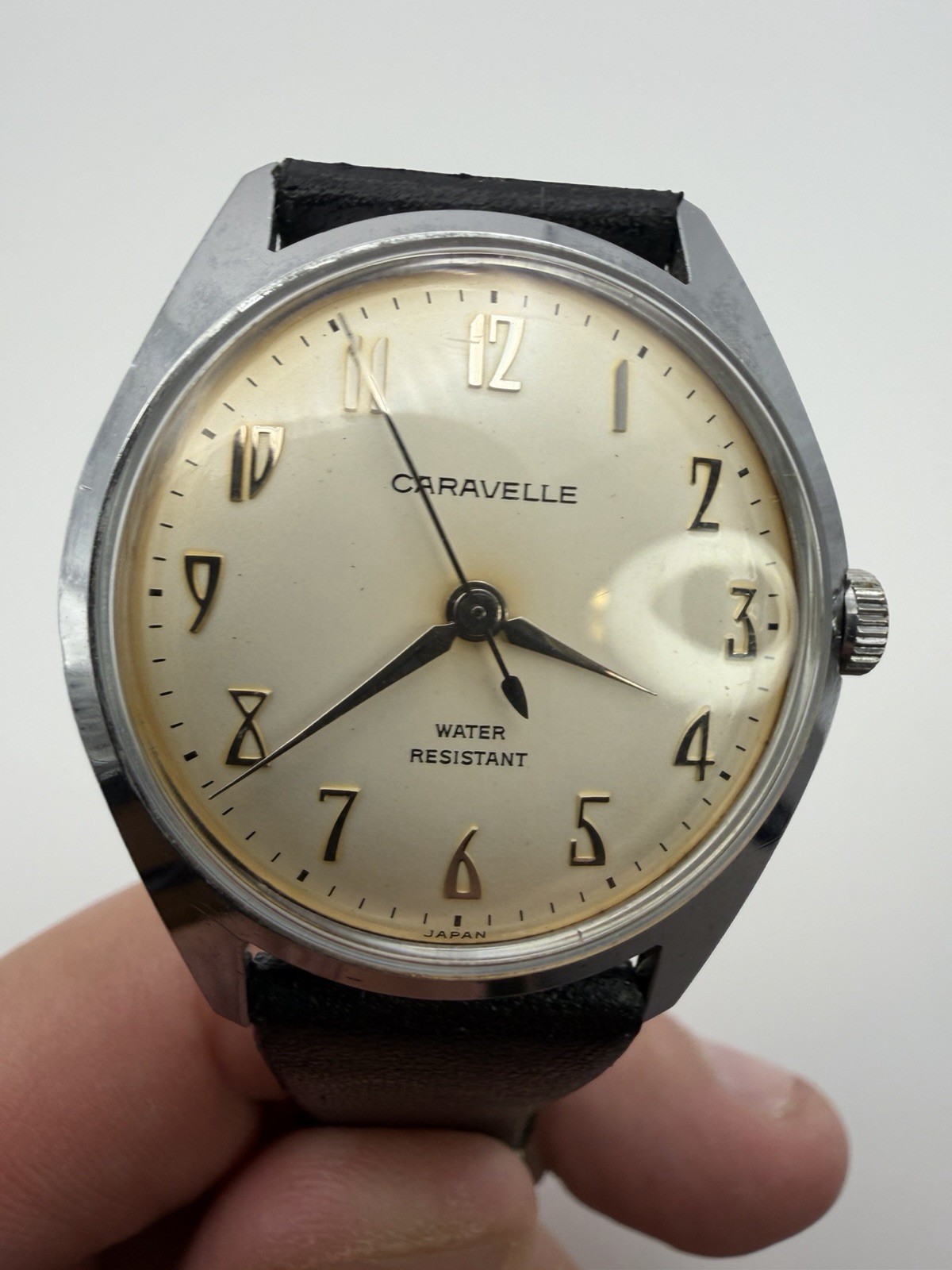 Caravelle Men’s Manual Wind Analog Watch Silver Dial Black Leather Strap