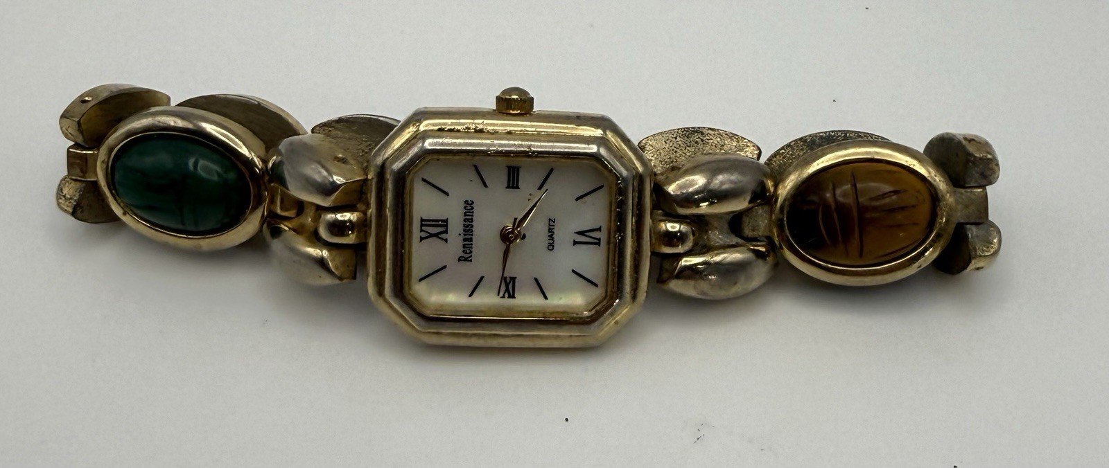 Womens Renaissance Quartz Vintage Rectangle Two-Tone Bracelet MOP Dial 24-27mm