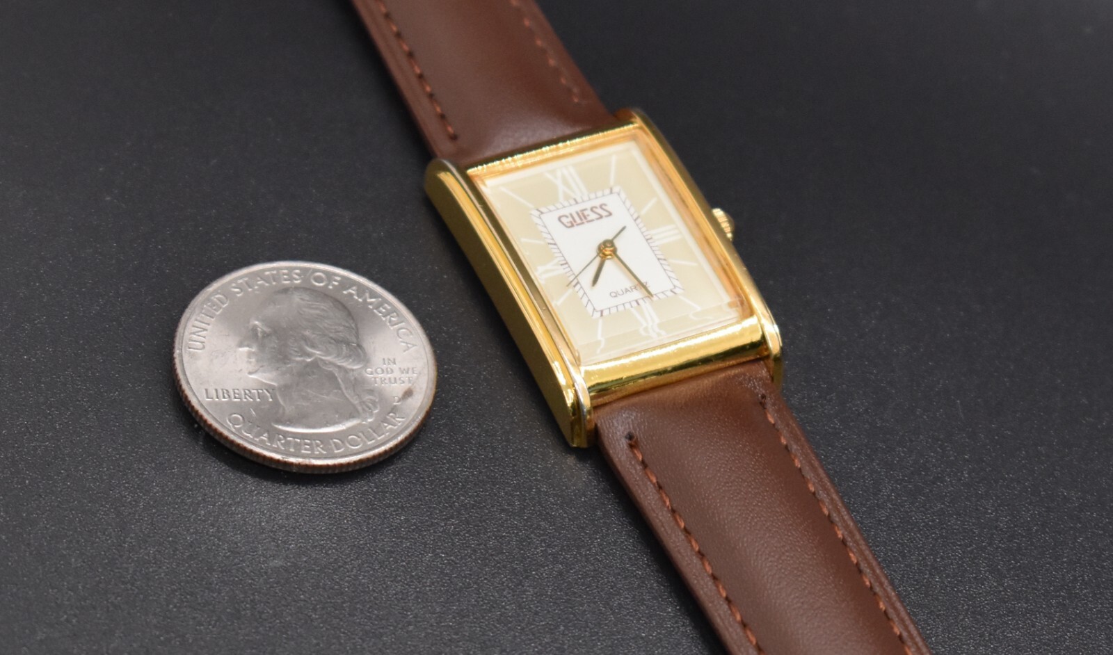 Vtg GUESS 1987 Tank Roman Numeral Watch Men Leather 80’s NEW BATTERY & BAND