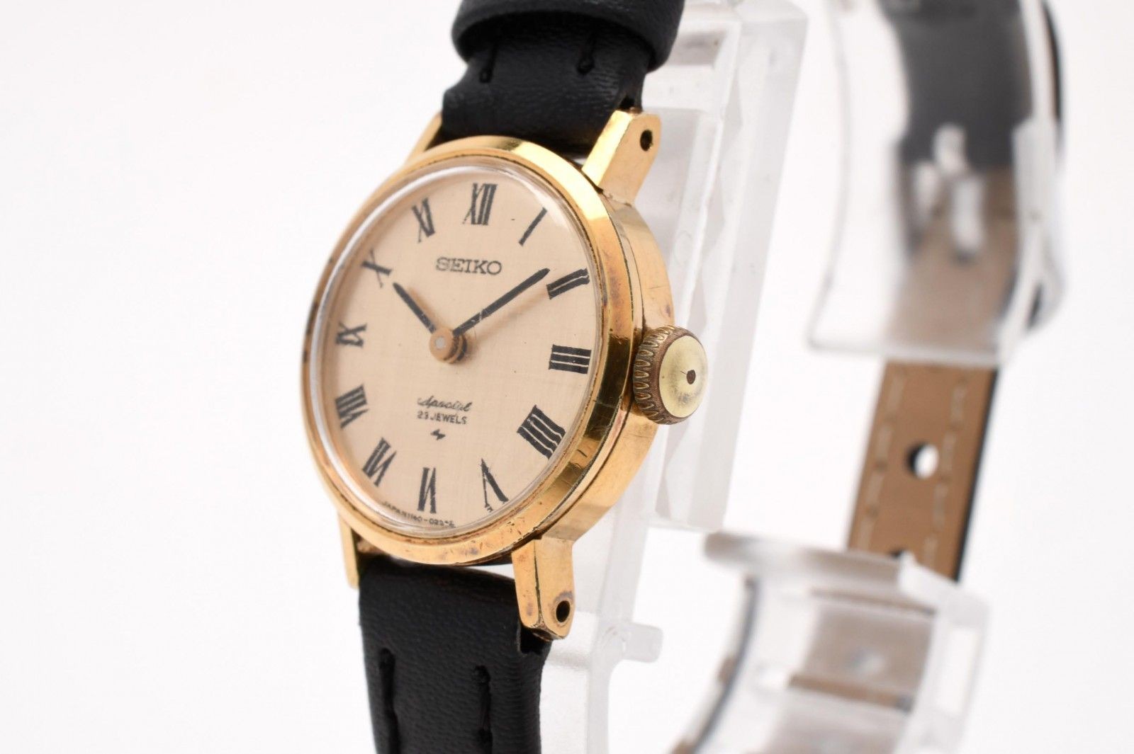 SEIKO 1140 0090 Ladies’ Wristwatch Hand Wound GP Case Gold Dial Roman Index Leat