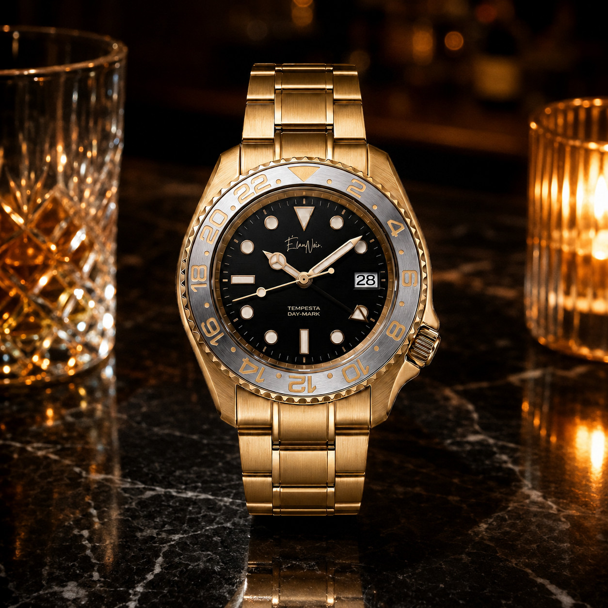 Élan Noir Tempesta Custom GMT Automatic Watch 41mm Gold Steel Black Dial