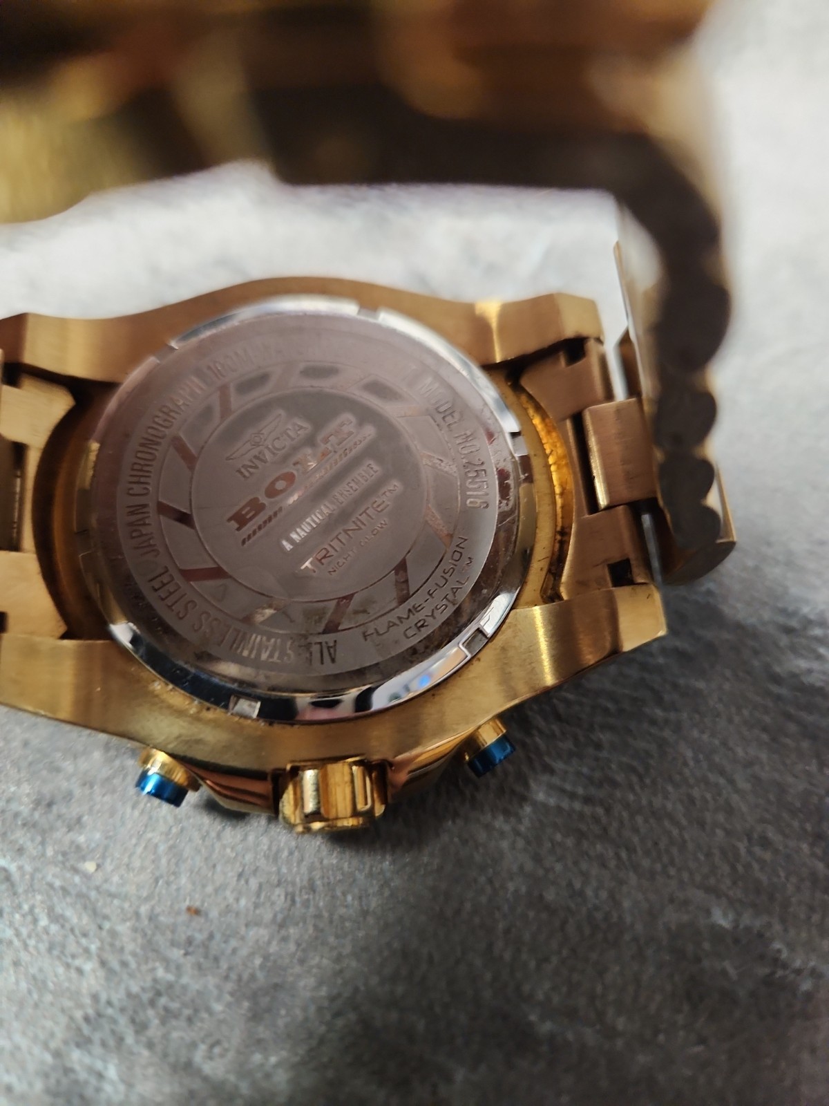 Invicta Bolt Men’s Quartz Chronograph Blue Textured Dial Gold SS Bracelet