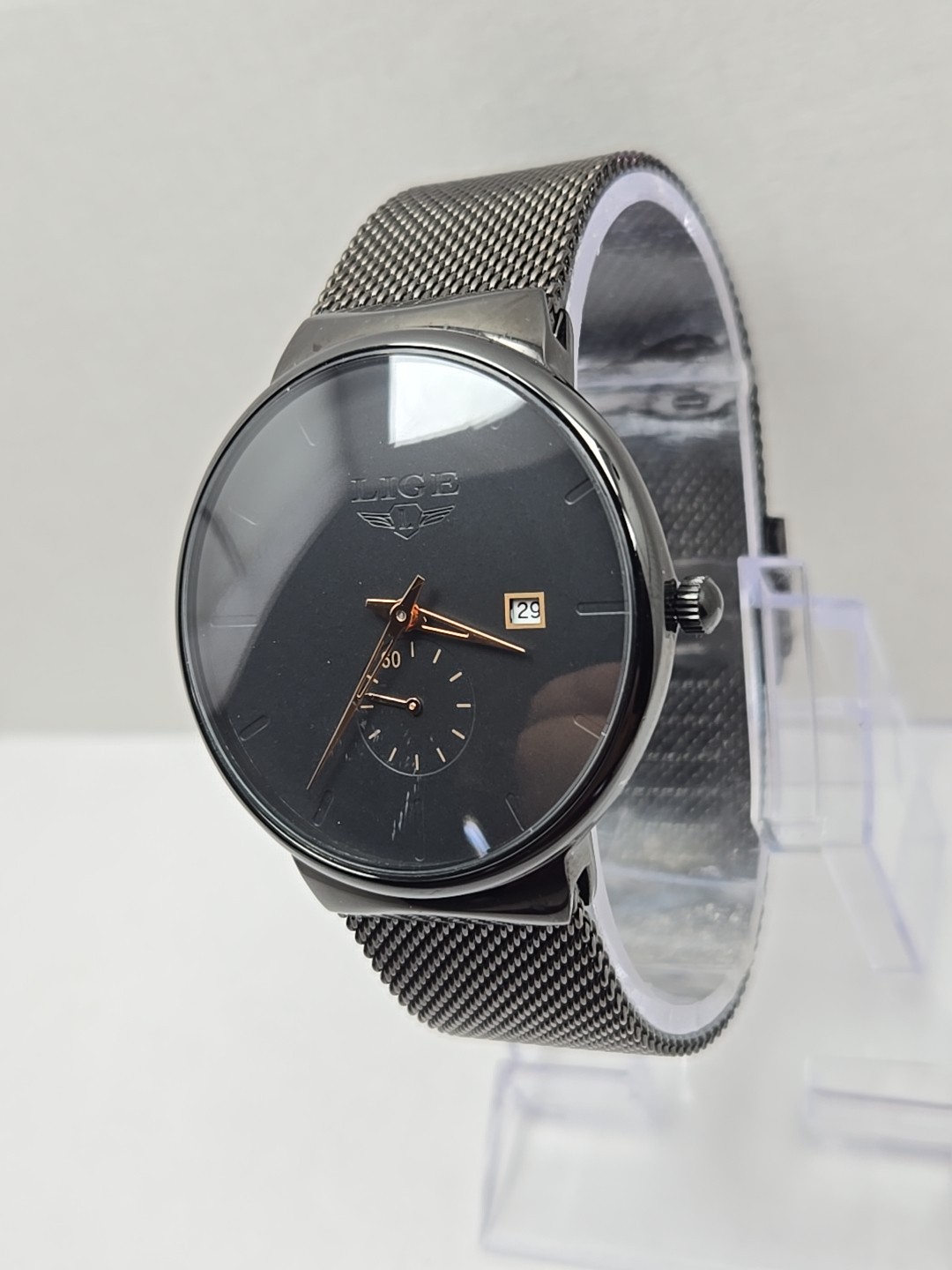 LIGE Dream Black Mesh Stainless Steel Date Quartz Subdial Watch New Battery Mens