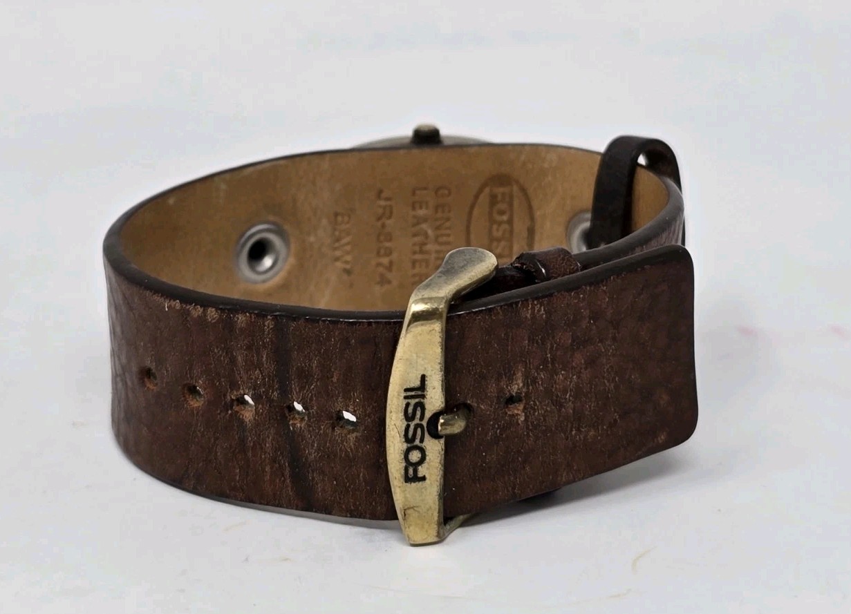 Fossil Women’s Watch Brown Leather Cuff Band White Dial Square Gold Case JR-8874