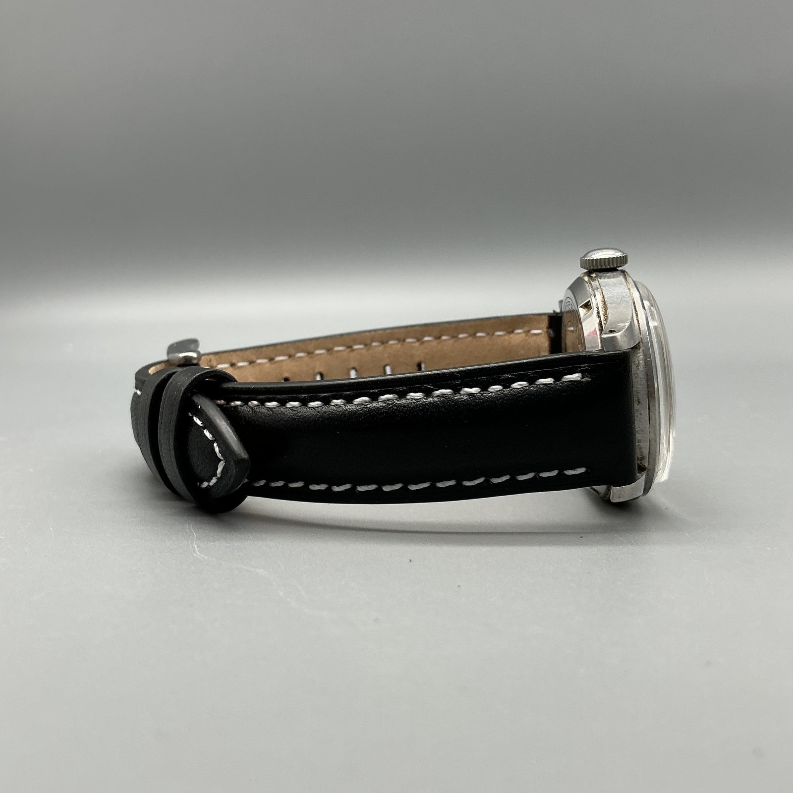 Vintage Eterna Mens Watch 30mm Patina Dial Stainless Black Leather Manual Wind