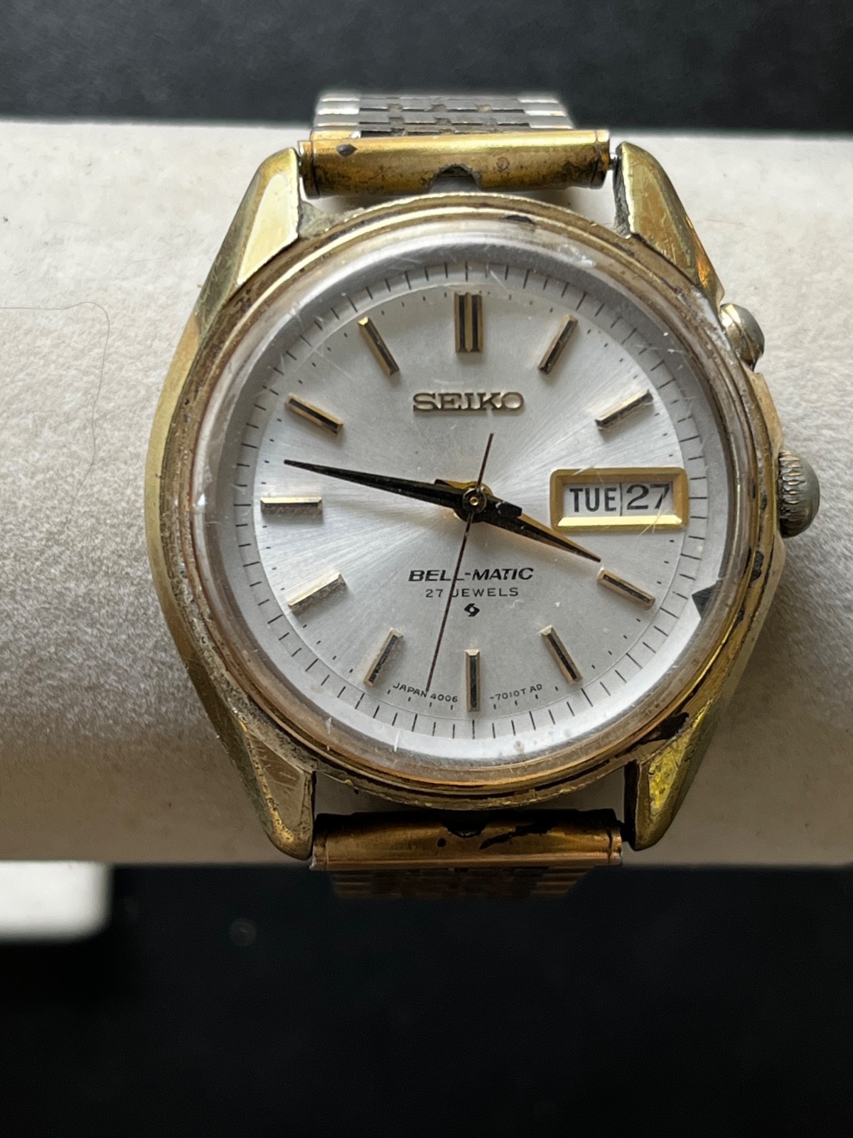 RARE VINTAGE 27J SEIKO BELL-MATIC 4006-7012 DAY DATE AUTO WEEKDATER GOLD WATCH.