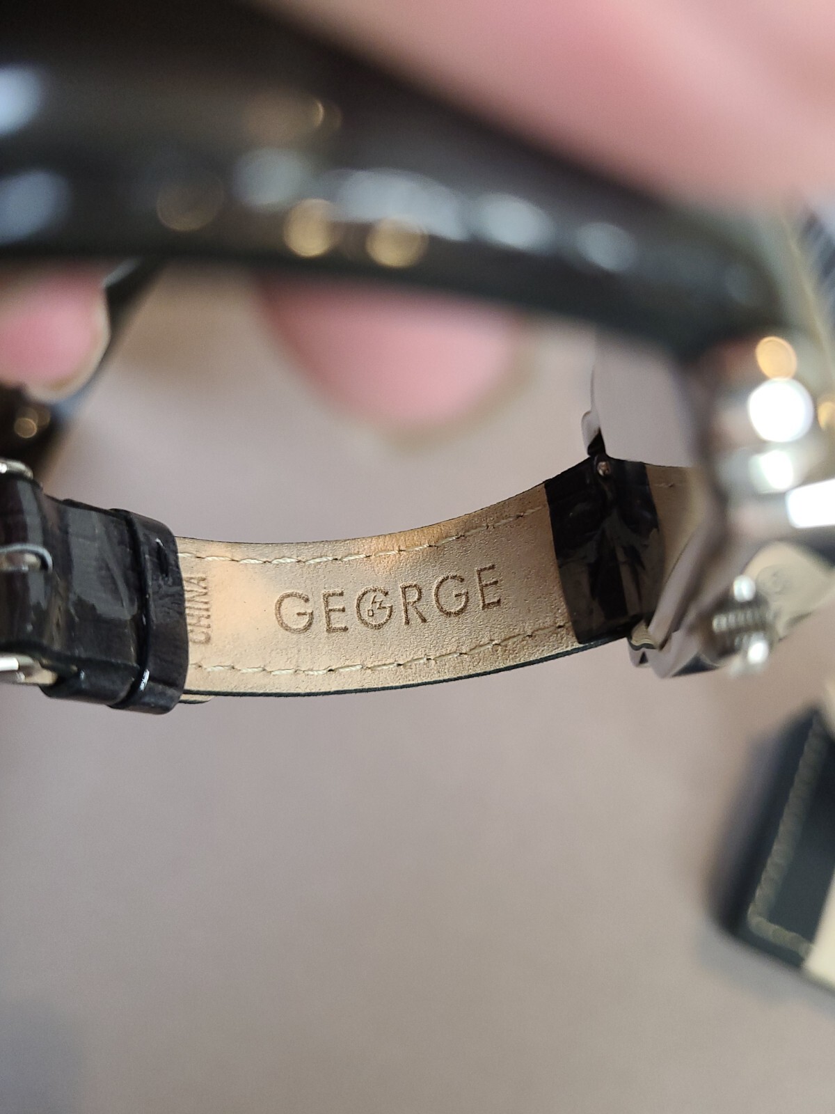Women’s Fashion Watch-George – Ivory Face w/Crystal Accents Black Leather Band
