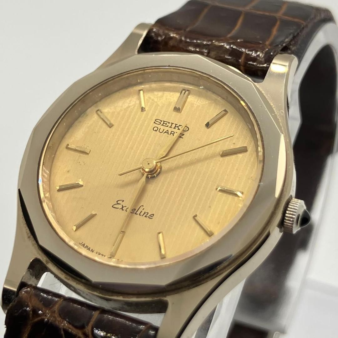 SEIKO Exceline Quartz Gold Dial Brown Strap Watch Used