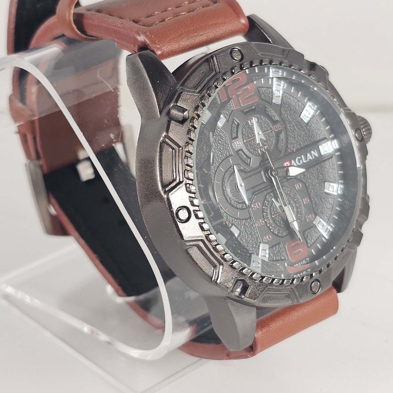 Raglan Men’s Quartz Watch Black Dial Brown Band 43.9mm Case Chrono Look NEW
