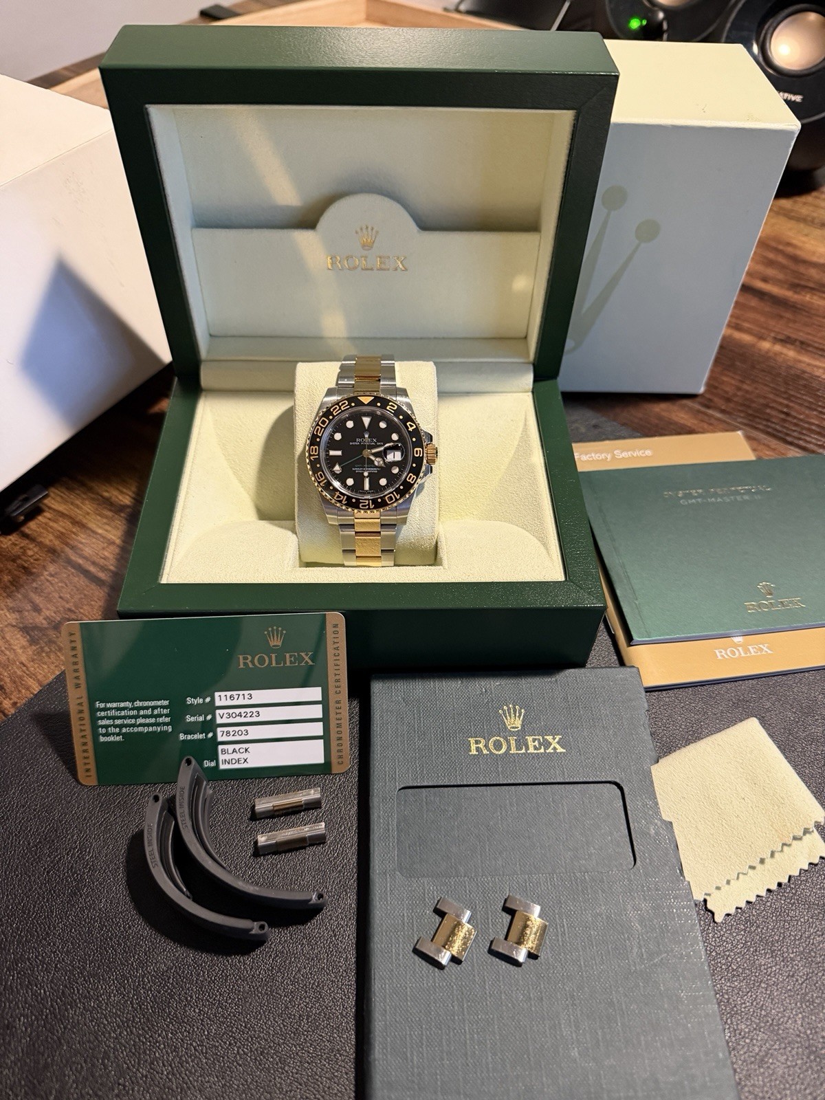 Rolex GMT-Master II Ceramic 116713LN Two Tone Yellow Gold Steel Box Papers