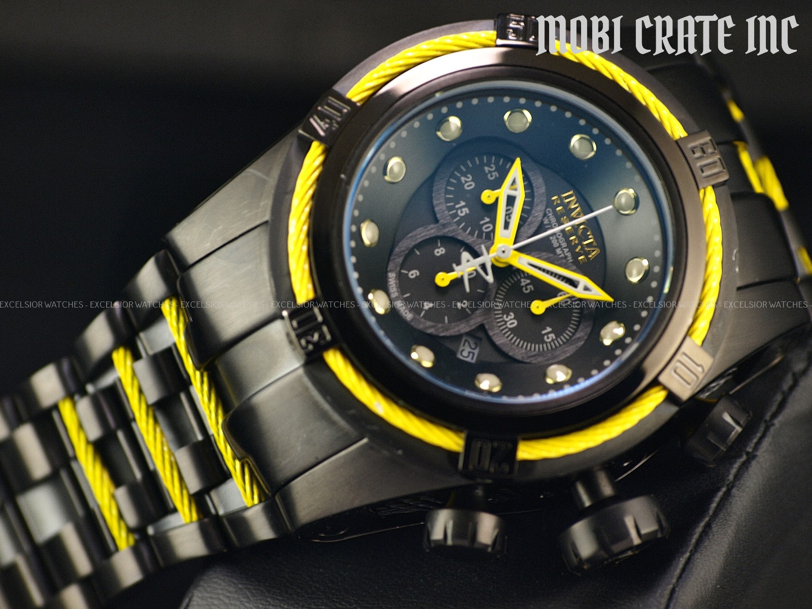 Rare Invicta 53mm RESERVE BOLT ZEUS Swiss Made Chrono Black Yellow SS Watch