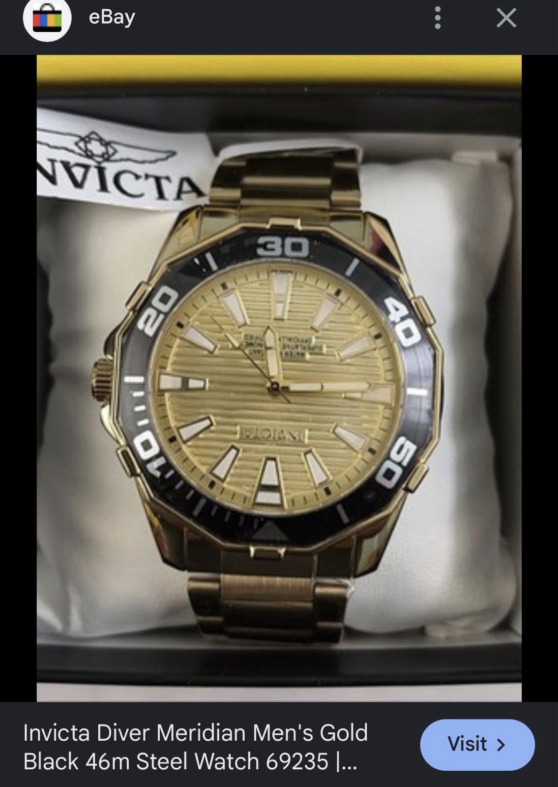 Invicta Meridian Men’s Quartz Diver Watch 46mm Gold Tone Steel Black Bezel
