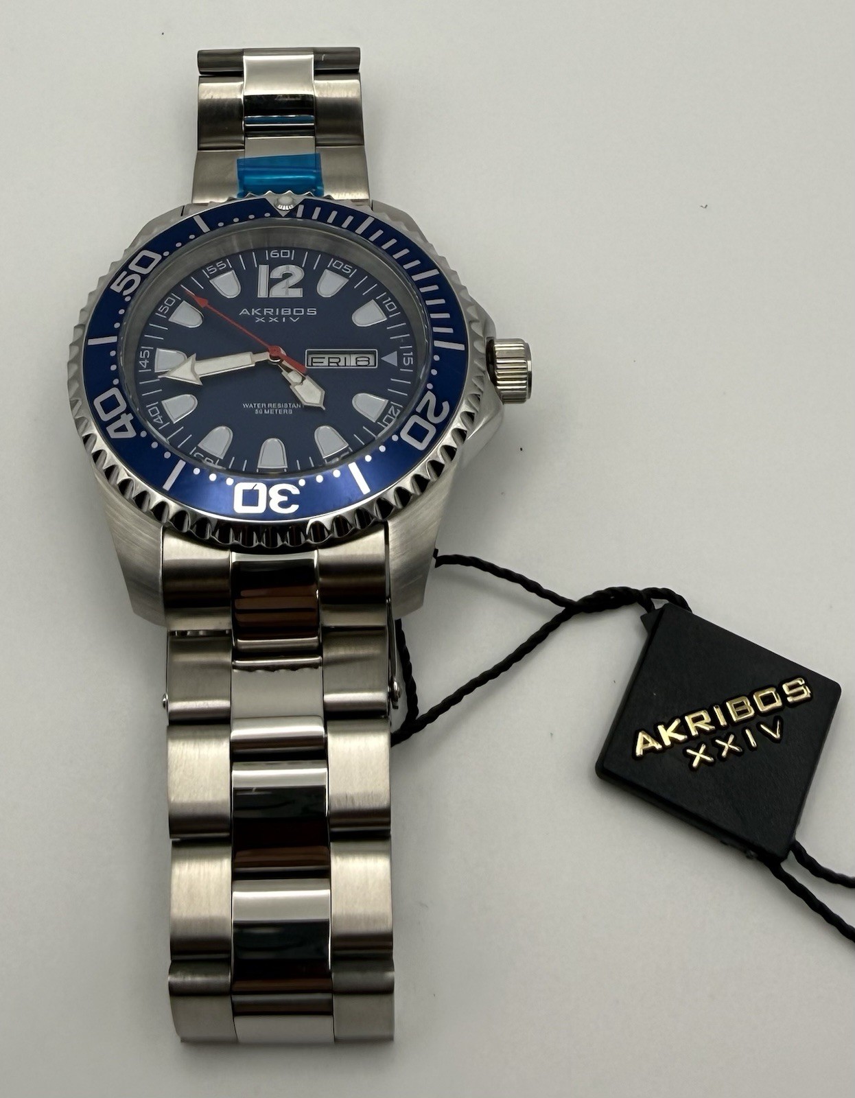 Akribos XXIV Mens Quartz Blue Dial Day/Date Diver 50m SS Bracelet 47mm