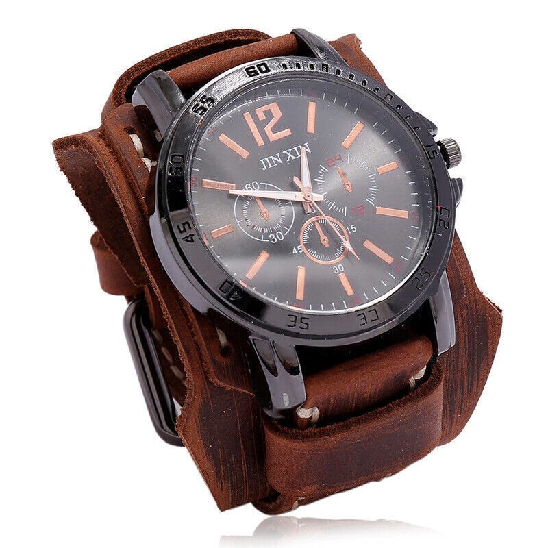 1Pcs Wide Leather Watch Cuff Band Brown Wrist Black Strap Punk Retro Quartz Mens