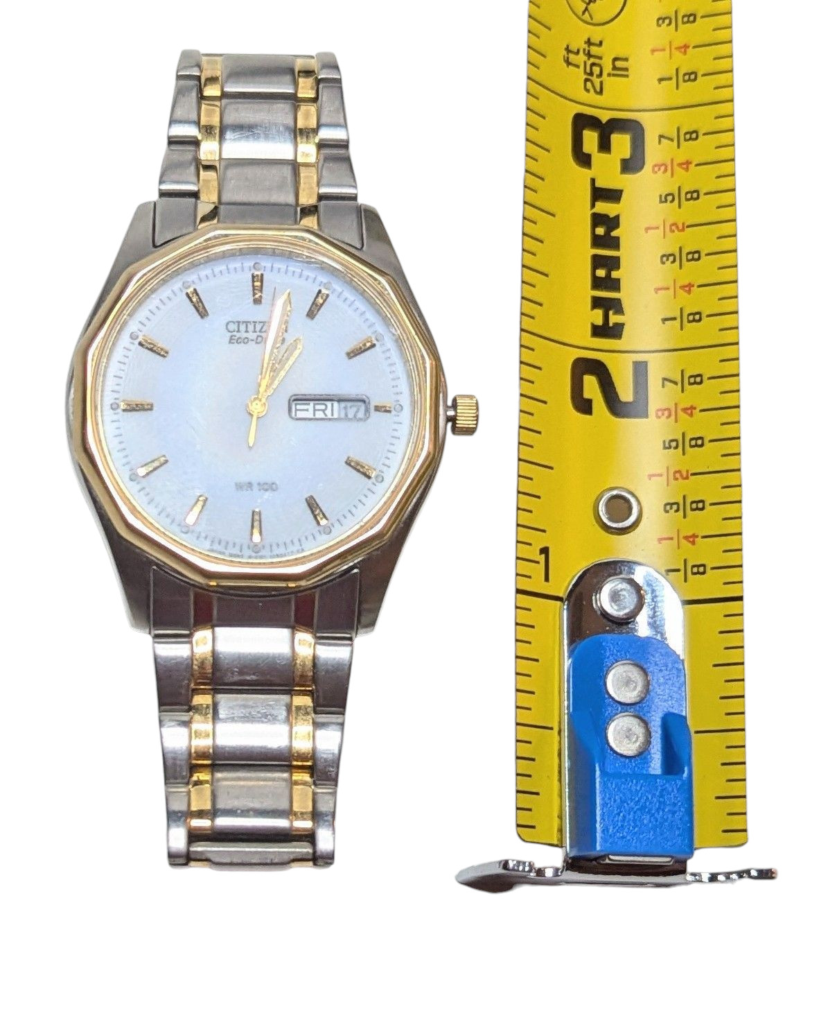 Citizen Eco-Drive E101-S053439 Two Tone WR 100M Day Date Watch Fresh Battery!