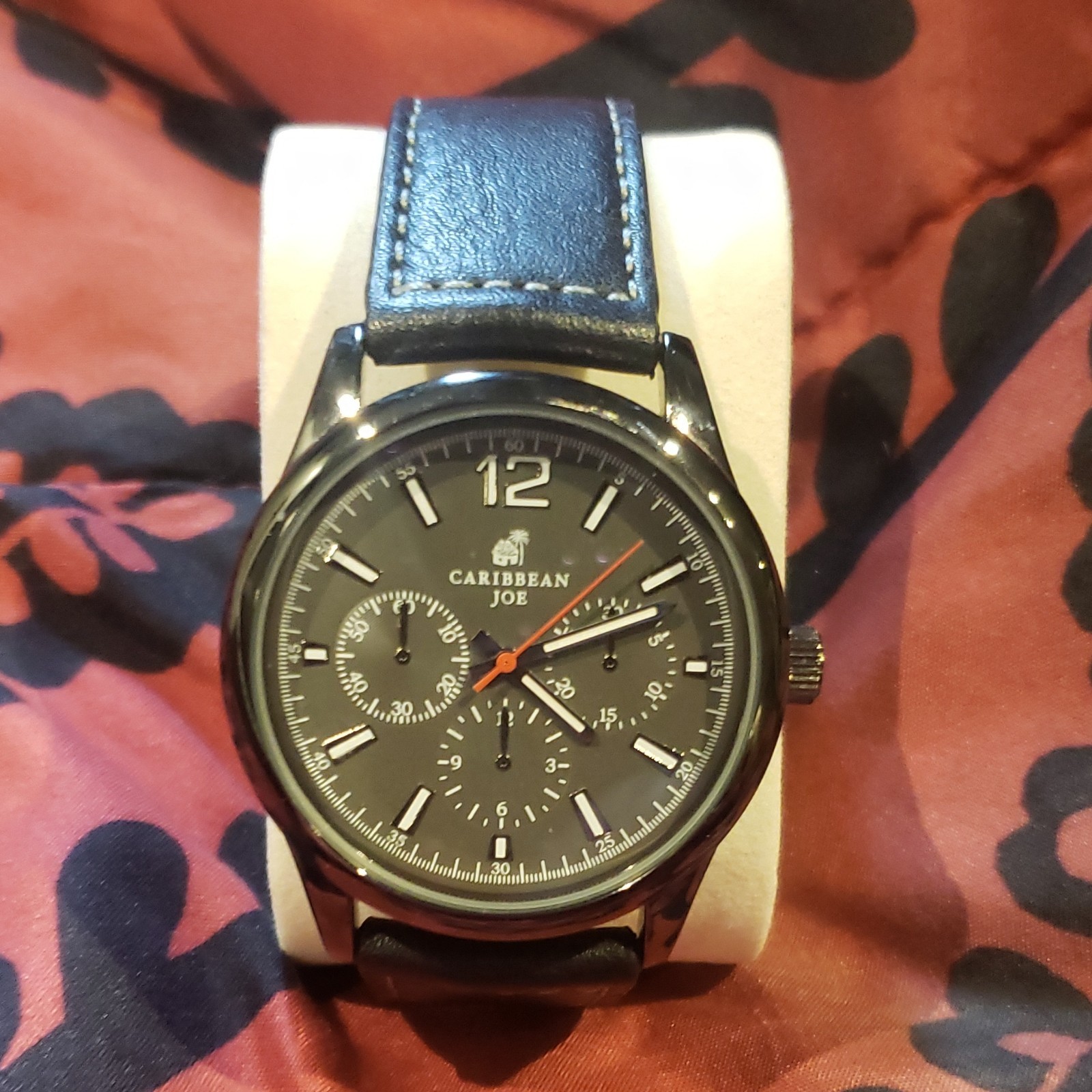Caribbean Joe men’s wristwatch featuring faux chronograph, black leather & case