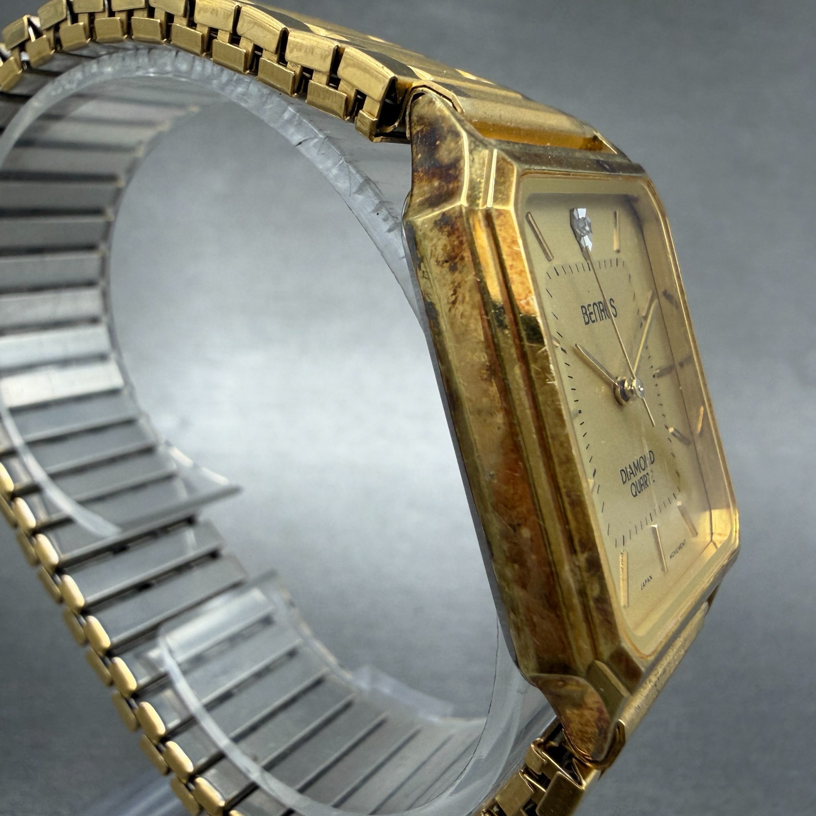 Benrus Tank Watch Men 26mm Gold Dial Gold Tone Octagon New Battery VTG