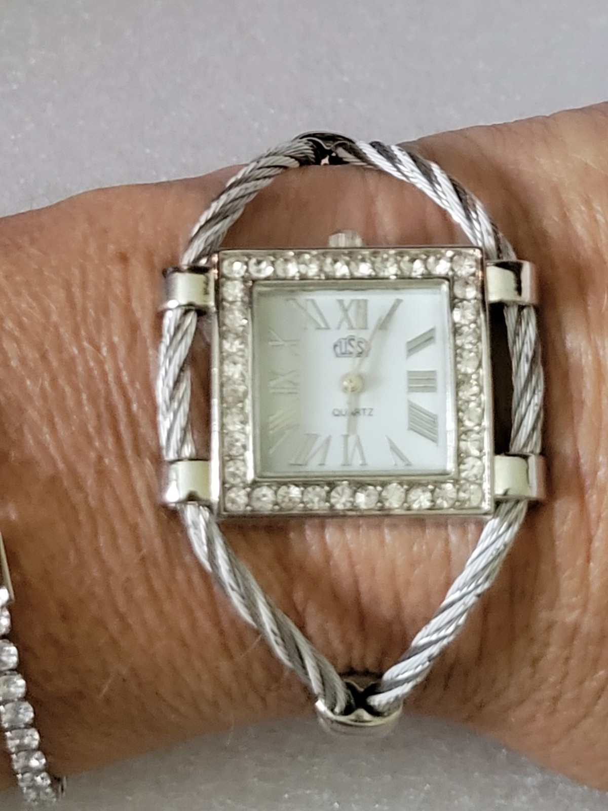 Cussi Womens Square Rhinestone Quartz Watch Silver Cable Bangle New Battery…