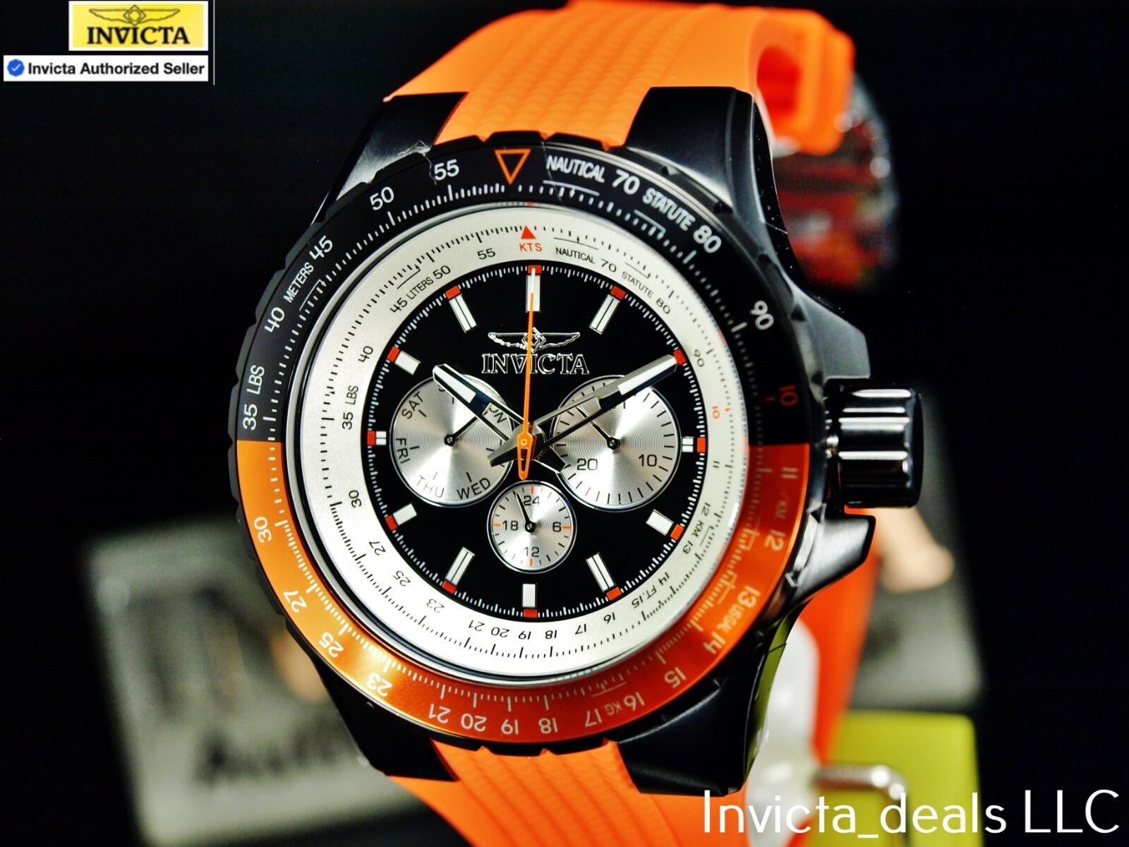 Invicta Men’s 50mm AVIATOR NAUTICAL Series Quartz BLACK DIAL Orange Tone SS Watc