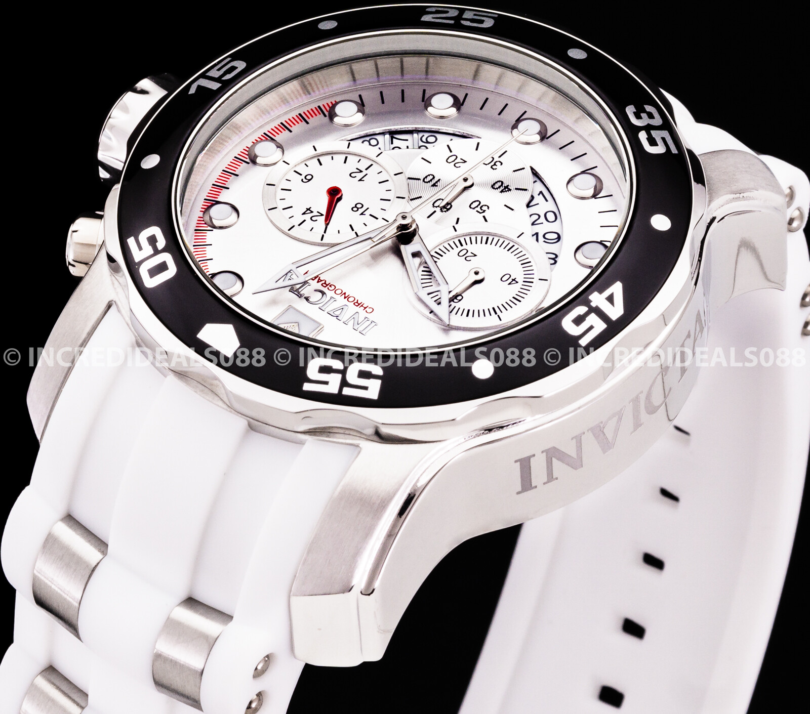 Invicta Mens PRO DIVER SCUBA Chronograph Black Silver Dial White Strap Watch