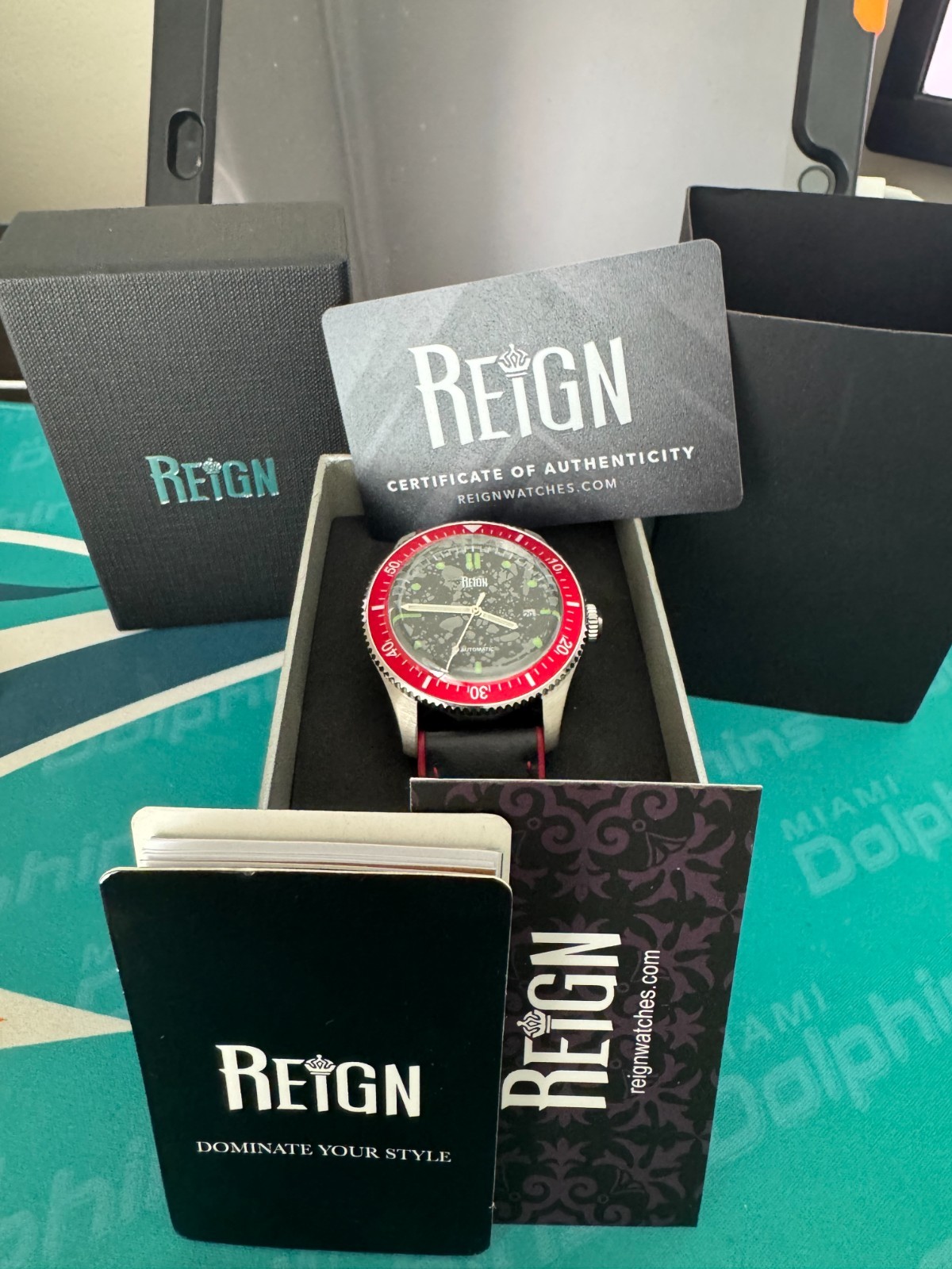 Reign Elijah Automatic Rubber Inlaid Leather-Band Watch W/Date – Black/Red