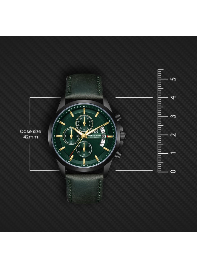 Kenneth Scott Men’s Chronograph Watch | Green Dial, 42mm, 30 m (3 ATM)