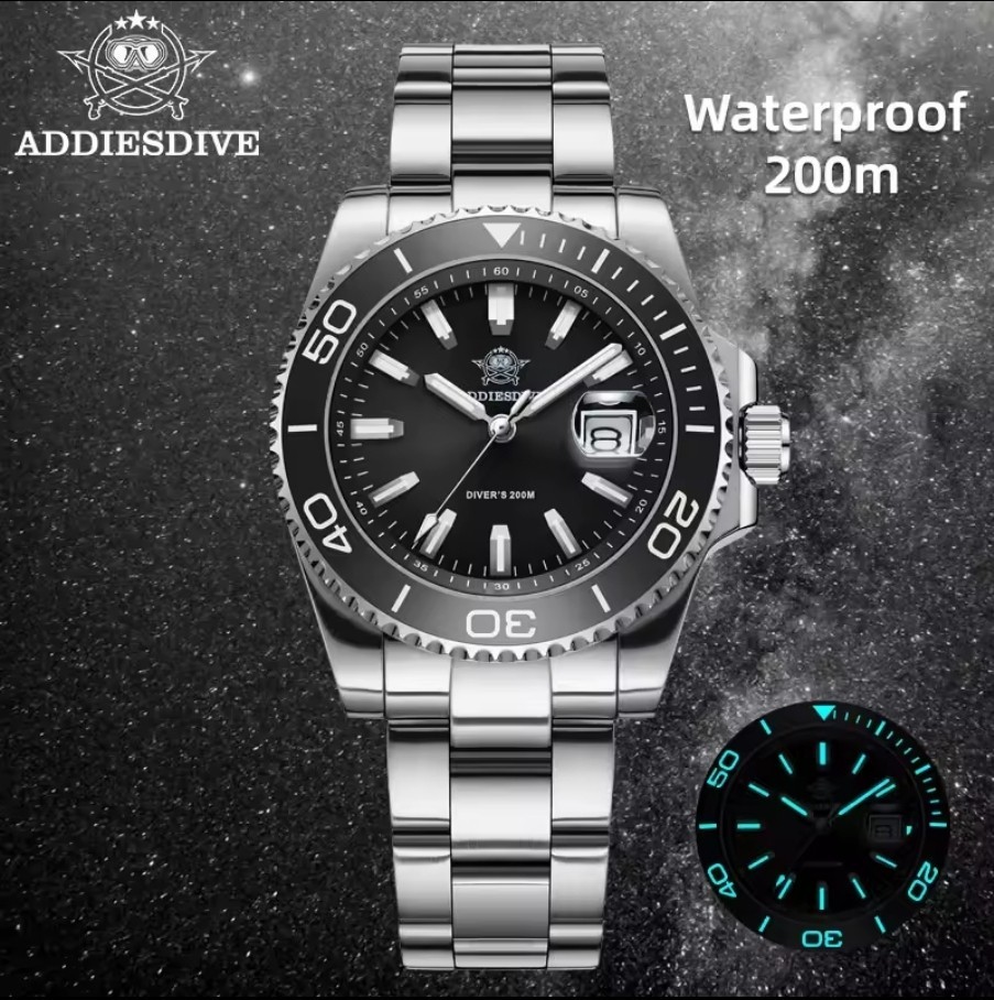 Addiesdive AD2510 Diver Quartz Watch 41mm 200m Black New 2025 With Box USA