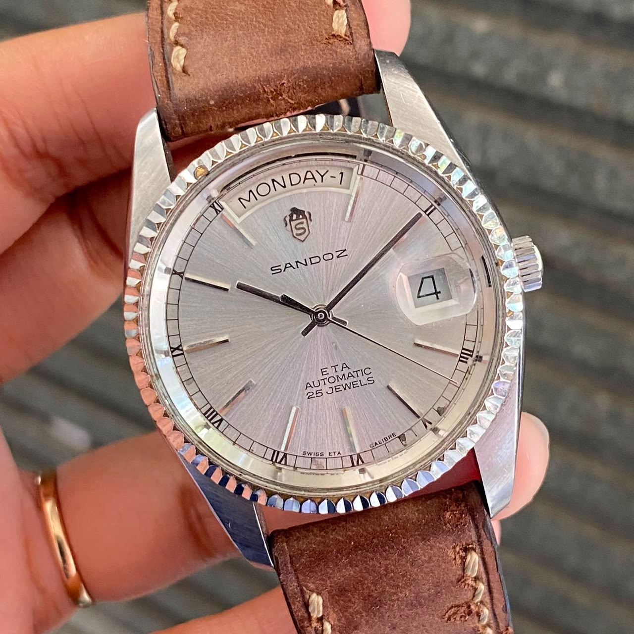 Rare Sandoz President Automatic ETA Swiss Day Date Silver Dial Watch Leather Men